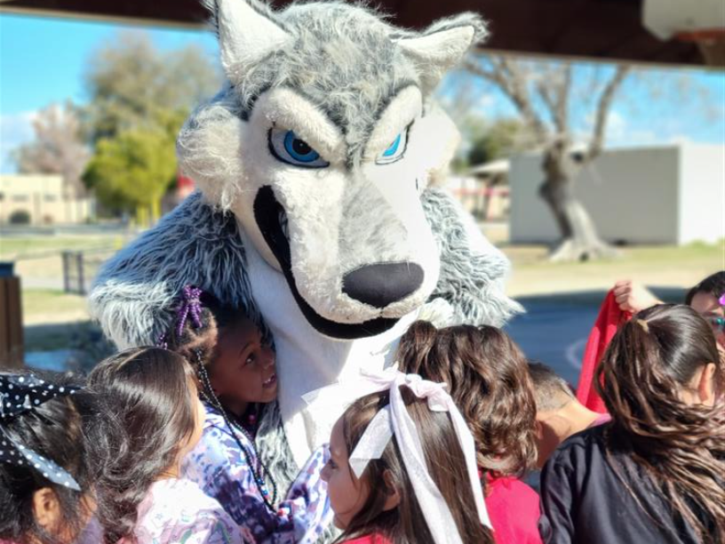 Scruffy the Chandler High Mascot with students.